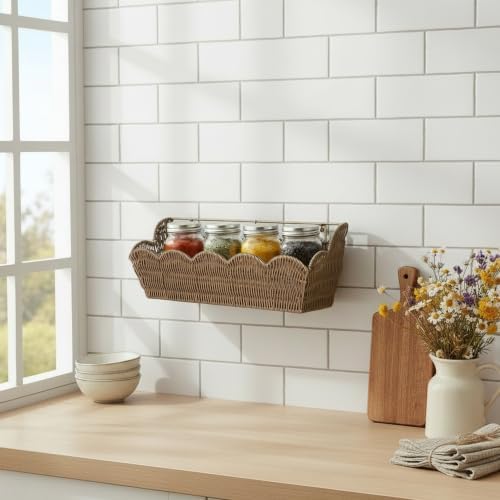 2 Pack Adhesive Plastic Wicker Hanging Storage Basket Scalloped Edge - Image 3