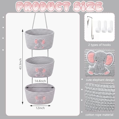 Elephant Nursery Decor Elephant Basket 3-Tier Cotton Rope Hanging Basket - Image 2