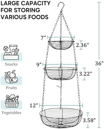 FANGSUN Hanging Fruit Basket for Kitchen, 3-Tier Hanging Fruit Basket - Image 6