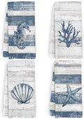 Beach Coastal Kitchen Towels and Dishcloths Set of 4, Nautical Beachy Seahorse by HFXHANGD