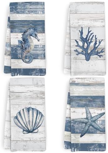Beach Coastal Kitchen Towels and Dishcloths Set of 4, Nautical Beachy Seahorse by HFXHANGD