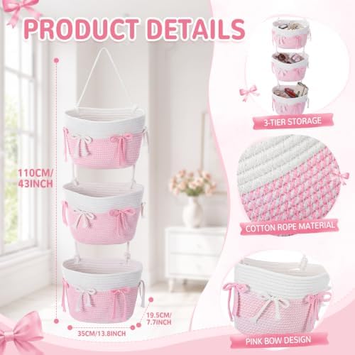 Sawysine Pink Bow Hanging Basket Woven 3 Tier Wall Mounted Storage Basket - Image 2
