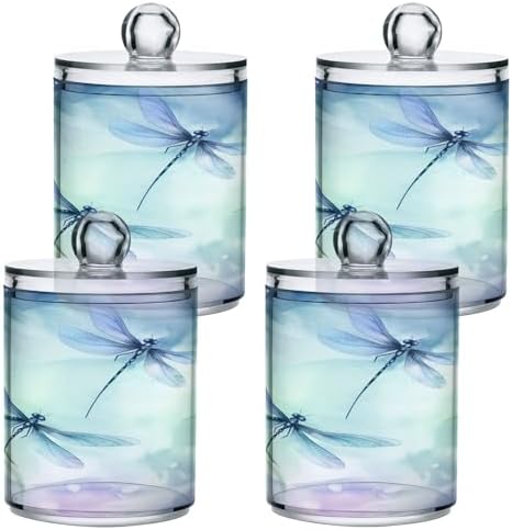 4 Pack Apothecary Jars Bathroom Watercolor Dragonflies Qtip Holder Dispenser - Image 2