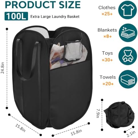 100L Collapsible Laundry Baskets, Easy Carry Foldable Clothes Hamper - Image 3
