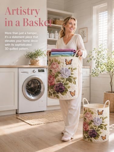 Quilted Laundry Basket with Handles, Boho Floral Quilted Storage Hamper - Image 3