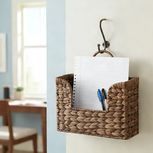 PINXIURY Magazine Holder Wall Basket Water Hyacinth Woven Mail Organizer - Image 7