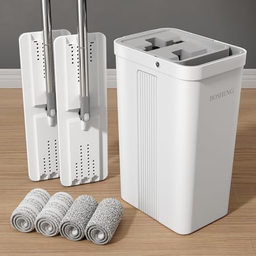 BOSHENG Mop and Bucket with Wringer Set, Flat Floor Mop and Bucket, with 2 Mops by BOSHENG