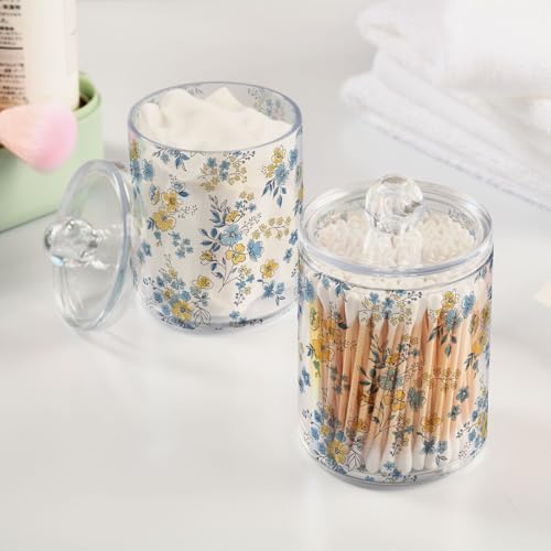 2 Pack Apothecary Jars Bathroom Blue Yellow Floral Qtip Holder Dispenser Clear - Image 5