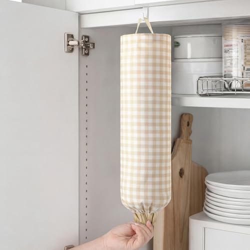 Gingham Plastic Bag Holder for Grocery Bag, Milkshake Tan - Image 6