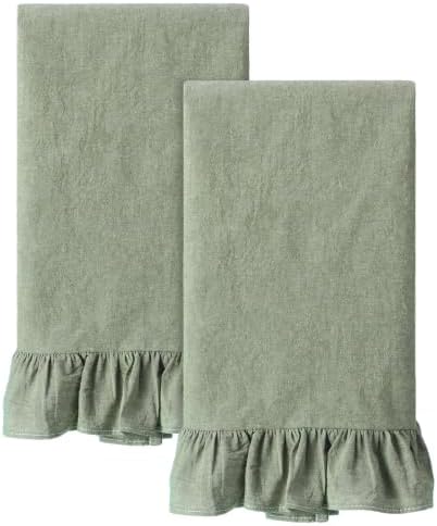 HunnmingRe 2 Pcs Sage Green Kitchen Towels Retro Towels Cotton Ruffled by HunnmingRe