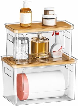 Trash Bag Holder Dispenser, Plastic Under Sink Organizer, Bamboo lid by SUBEKYU