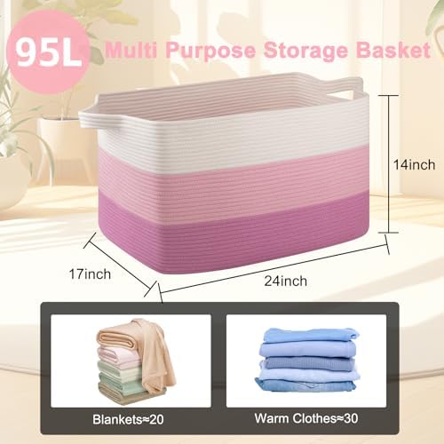 OIAHOMY Extra Large Blanket Basket, 95L Cotton Rope Woven Laundry Basket - Image 4