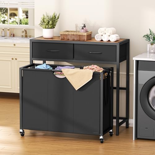Laundry Sorter 3 Section with Tabletop & 2 Drawers, Rolling Laundry Hamper with - Image 3