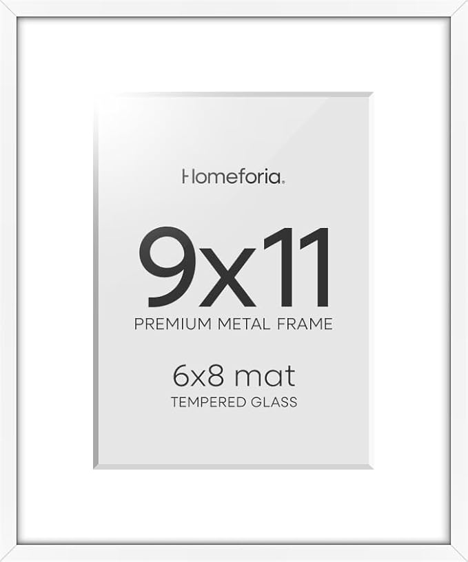 Homeforia 9x11 White Frame, High End Metal 9 x 11 Picture Frames with Mat 6 by 8 inch Photo, 9by11 Thin Poster Frame Matted to 6x8 Print, 11x9 Wall or Tabletop Frame, Tempered Glass, Wall Kit, Set of 1