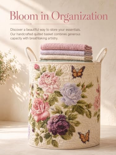 Quilted Laundry Basket with Handles, Boho Floral Quilted Storage Hamper - Image 5