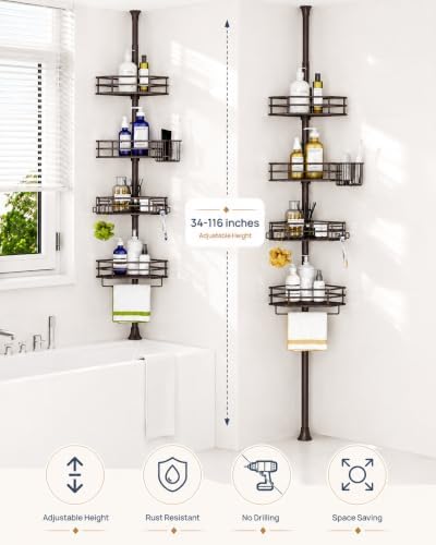 SEIRIONE Corner Shower Caddy Tension Pole, Quick Setup, Rust-Free Bathroom - Image 2