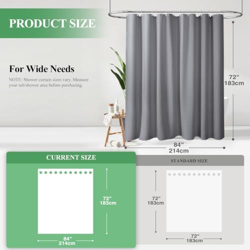 Dynamene Extra Wide Waffle Shower Curtain 256 GSM Fabric 84x72 Grey/Gray - Image 2