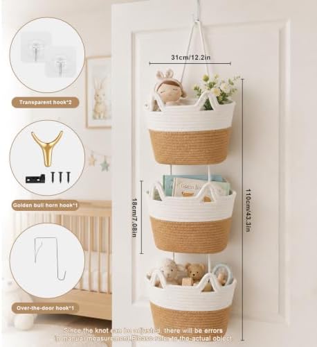 3 Tier Hanging Basket Over the Door | Wall-Mounted Braided Storage Bags - Image 2