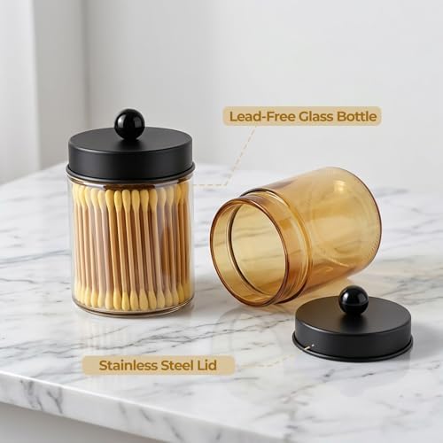 Amolliar Glass Apothecary Jar Qtip Holder w/Metal Lids, Amber-Black - Image 3