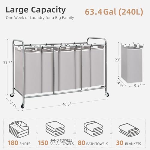 STORAGE MANIAC 5 Section Laundry Sorter, 5 Bins Rolling Separator Laundry Basket - Image 4