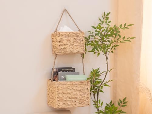 YAHUAN Water Hyacinth Hanging Basket 2-Tiered Woven Wicker Wall Basket Organizer - Image 4