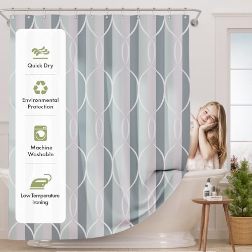 AmazerBath Shower Curtain Sets, Washable Cloth Geometric Green-Grey Stripped - Image 2