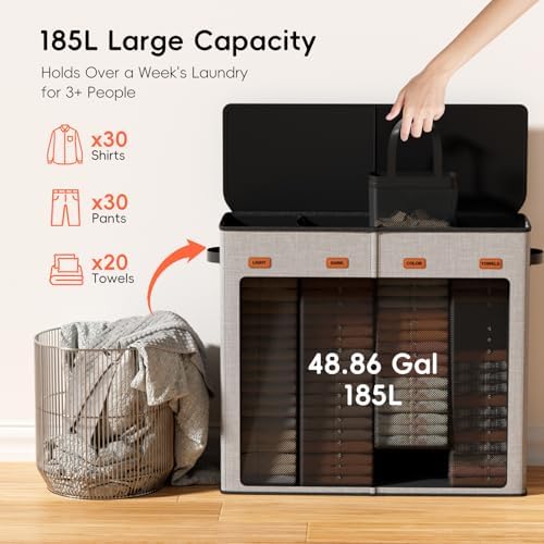 Laundry Hamper 4-Section with Lid, 185L Laundry Sorter with 4 Removable Bags + - Image 3
