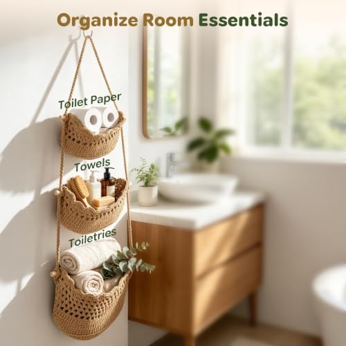 3 Tier Hanging Fruit Basket, Boho Cotton Rope Wall Mounted Produce Holder - Image 6