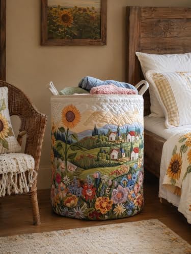 Quilted Laundry Basket with Handles, Boho Floral Quilted Storage Hamper - Image 5