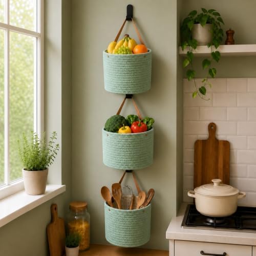 Honeydak 3 Hanging Baskets, Sage Green, Cotton Rope - Image 2
