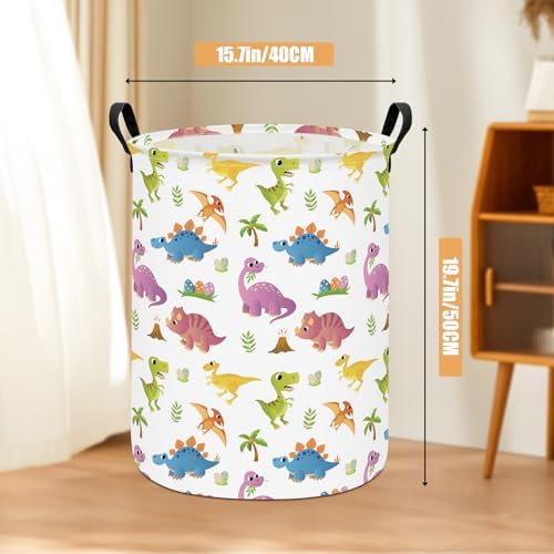 Round Laundry Basket Collapsible Storage Hamper Organizer Cute Dinosaur - Image 2