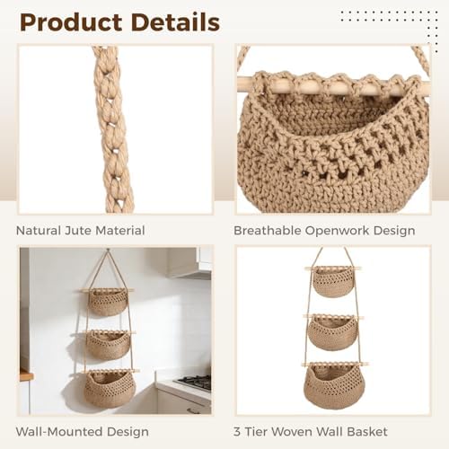 3 Tier Woven Natural Jute Macrame Wall Hanging Basket, Handmade Boho Bohemian - Image 3