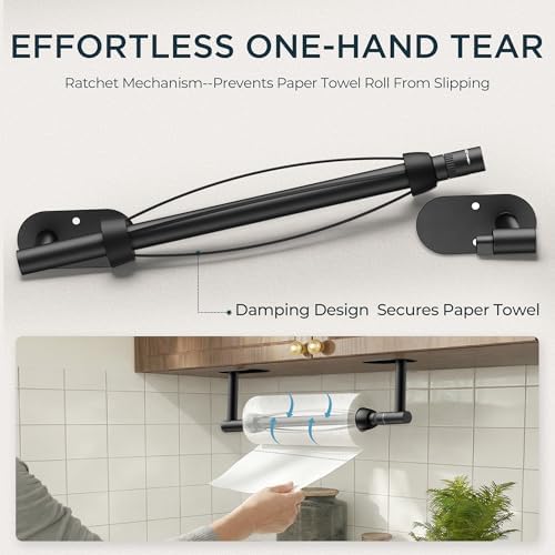FORIOUS Paper Towel Holder Under Cabinet, One Hand Tear, Matte Black - Image 2
