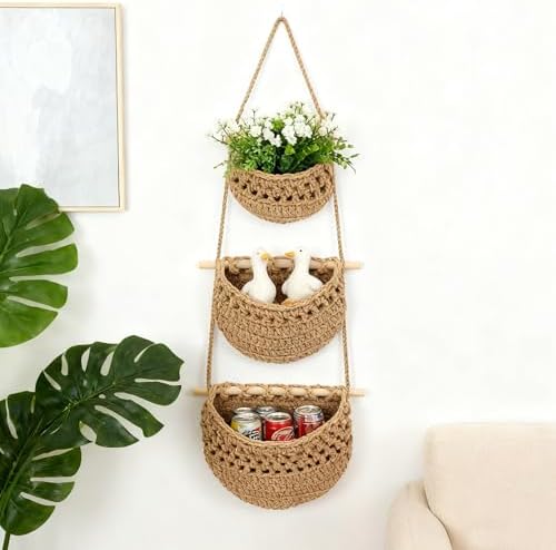 3 Tier Cotton Woven Wall Hanging Fruit Basket, 32 Inch - Image 2
