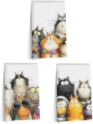 3 Pcs Cute Cat Kitchen Towels, Funny Cats Gifts Absorbent Hand Towels-01 by Jztco