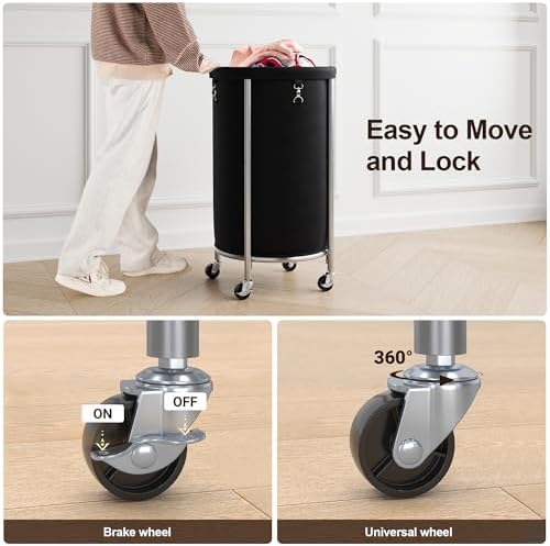 ELYKEN Laundry Basket with Wheels, Round Rolling Laundry Hamper - Image 4