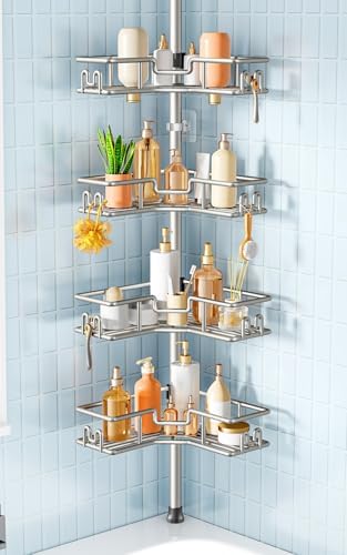 HAMITOR Corner Shower Shelves, 4-Tier Metal Tension Pole Caddy by HAMITOR