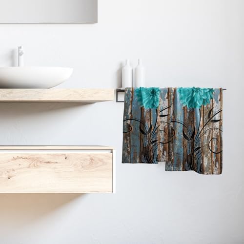Farmhouse Flower Floral Bathroom Hand Towel Set of 2, Rustic Teal Turquoise - Image 6