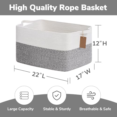 Goodpick 75L Extra Large Woven Rope Blanket Basket, Light Gray - Image 3