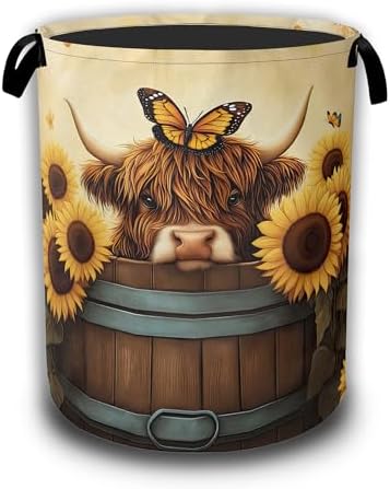 Highland Cow Laundry Hamper, Sunflower Butterflies Collapsible Laundry Baskets by Unknown