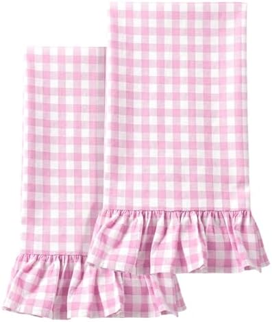HunnmingRe 2 Pcs Hot Pink Gingham Kitchen Towels Cotton Ruffled by HunnmingRe