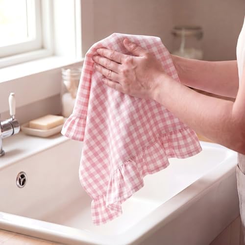HunnmingRe 2 Pcs Light Pink Gingham Kitchen Towels Cotton Ruffled - Image 4