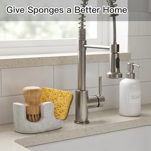 White Marble Sponge Holder for Kitchen Sink, 2-in-1 Sponge & Brush Holder - Image 3