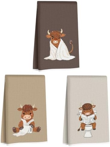 3 Pcs Funny Highland Cow Hand Towels, Cow Farmhouse Decorative Dish Towels by Jztco