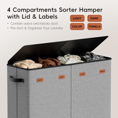 Laundry Hamper 4-Section with Lid, 185L Laundry Sorter with 4 Removable Bags + - Image 4