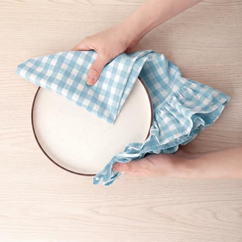 HunnmingRe 2 Pcs Light Blue Gingham Kitchen Towels Cotton Ruffled - Image 6