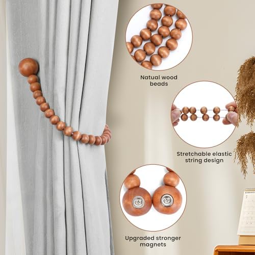 KLOGTSIND Magnetic Curtain Tiebacks, 2 Pack Wood Bead Curtain Holdbacks - Image 5