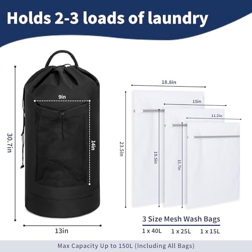 150L Laundry Bag Backpack with 3 Sizes Mesh Wash Bags and Shoulder Straps - Image 2