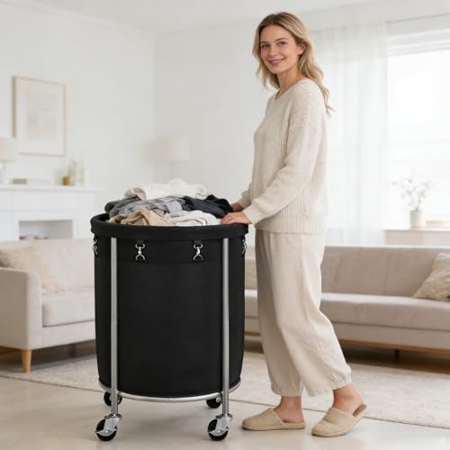 ELYKEN Laundry Basket with Wheels, Round Rolling Laundry Hamper - Image 7