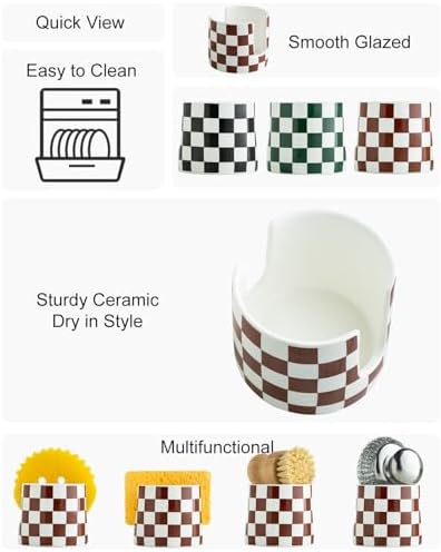 Zoeeker Sponge Holder for Kitchen Sink, Ceramic Checkered Dish Sponge Caddy - Image 3